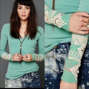 Free People Mint Green Long Sleeve Crochet Trim Thermal Tee